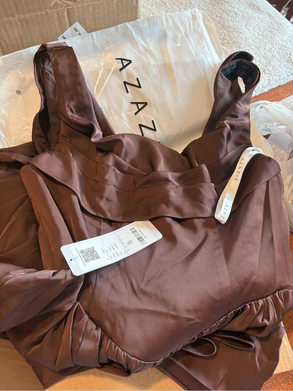 Azazie Brown Stretch Satin A-Line Maxi Dress - Picture 2 of 4